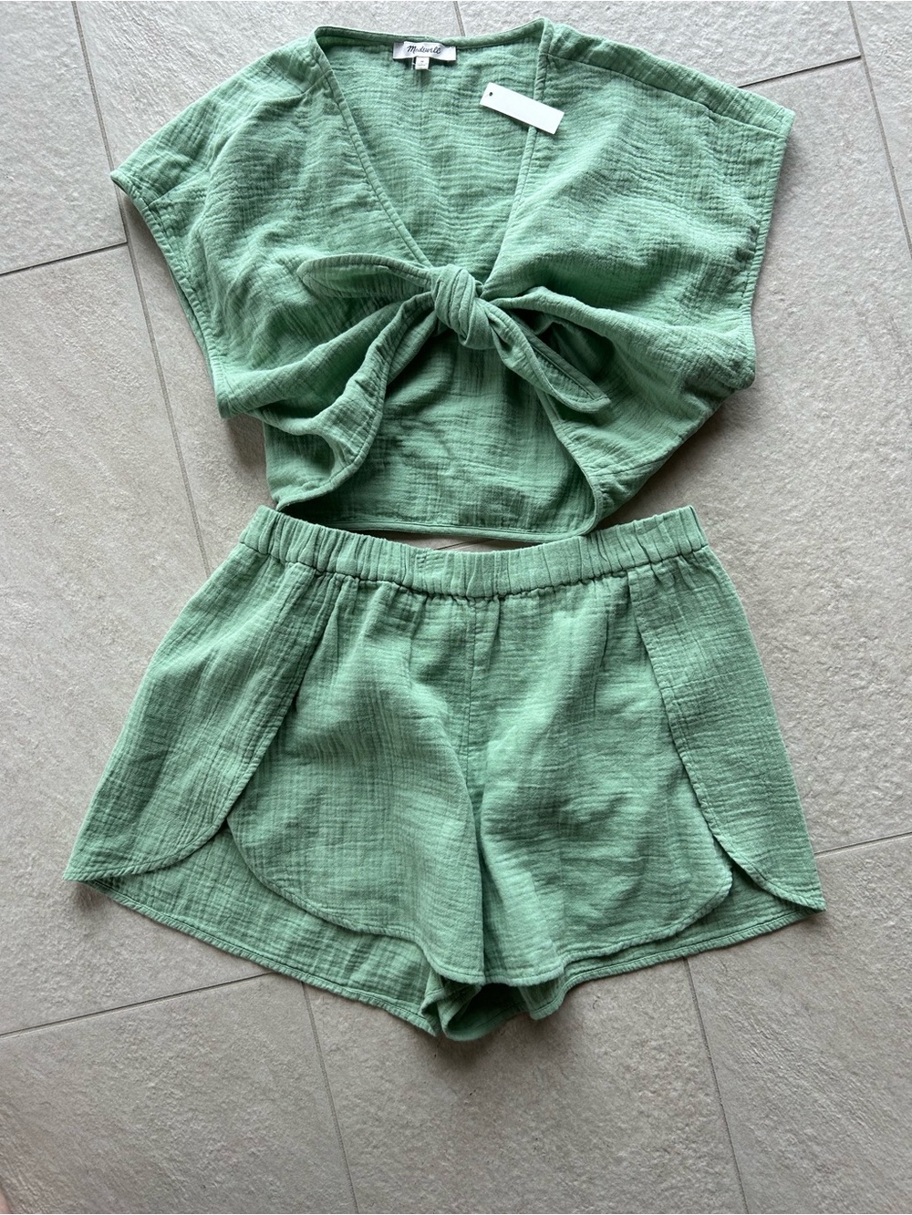 NWT Madewell Green Cotton Gauze Tie Front Top & Shorts Set Size M
